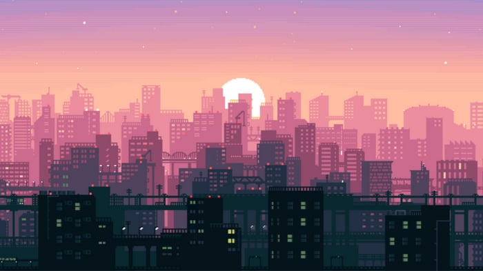 Pixelated Cityscape at Sunset