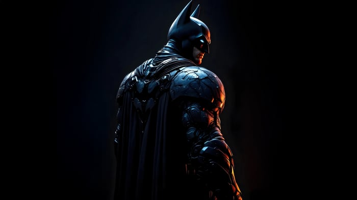 Batman in dark armor with a cape