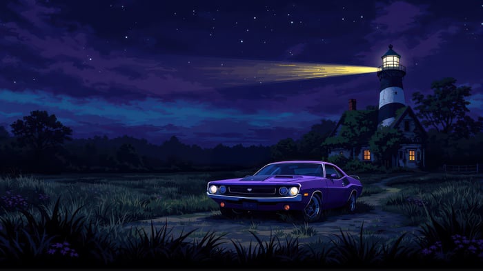 Purple Dodge Challenger by a Lighthouse at Night