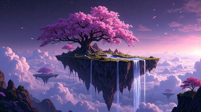 Floating Islands with Cherry Blossom Trees and Waterfalls