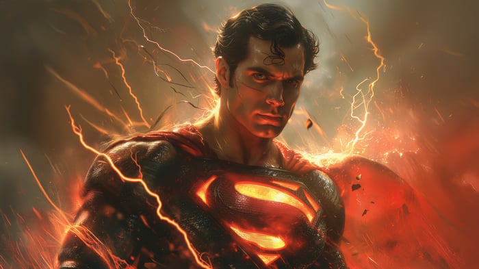 Superman with glowing S-shield and lightning