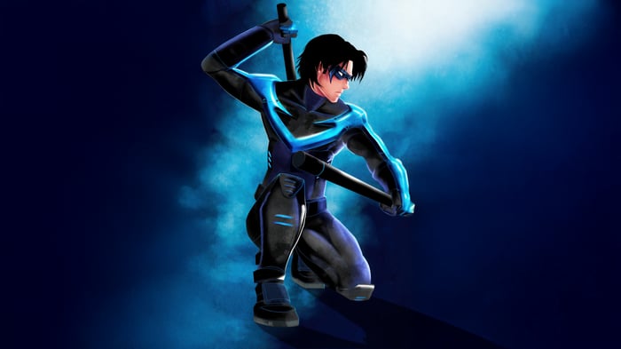 Nightwing with batons in blue and black suit