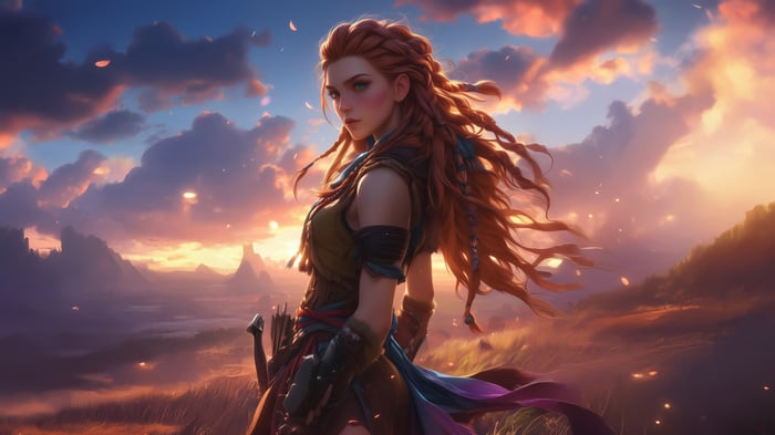 Aloy from Horizon Forbidden West at sunset