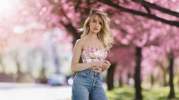 Blonde girl in a floral corset and jeans