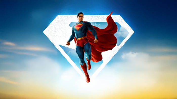 Superman flying in front of a diamond S logo