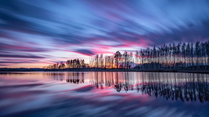 Long exposure of trees reflecting on silent waters at sunset