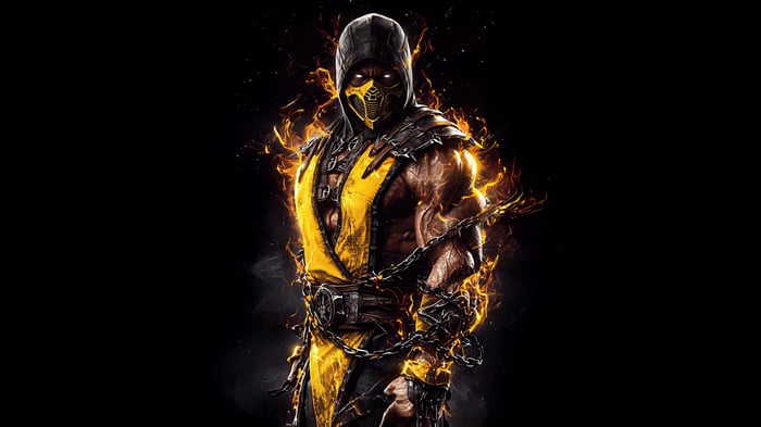 Scorpion from Mortal Kombat surrounded by fire