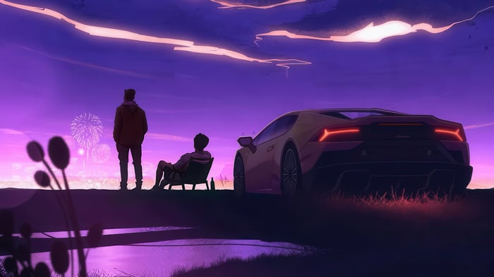 Two people and a Lamborghini watch fireworks