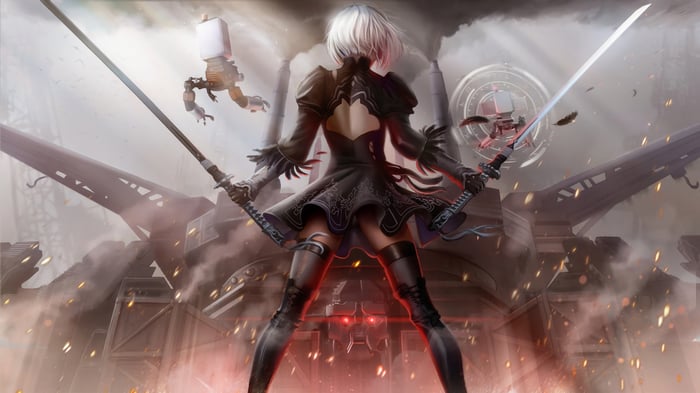 2B from Nier Automata with swords and robots