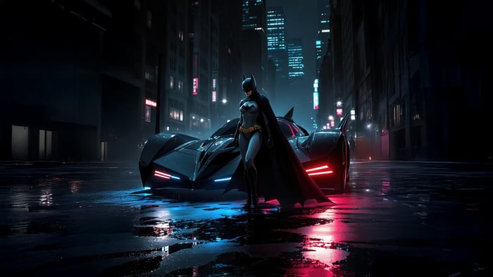 Batwoman and Batmobile in a dark city