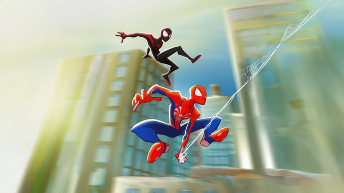 Spider-Man and Miles Morales swinging through city