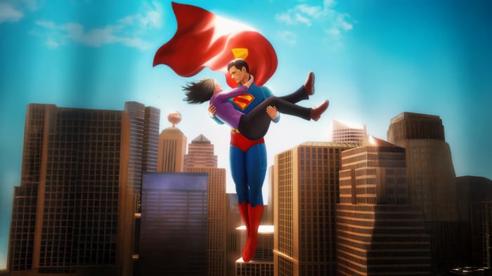 Superman holding Lois Lane over a city