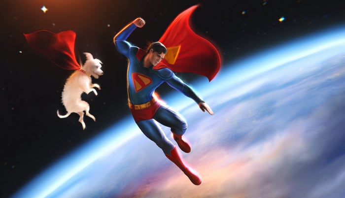 Superman and Krypto flying over Earth