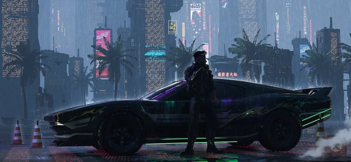 Cyberpunk 2077 car in a neon city at night