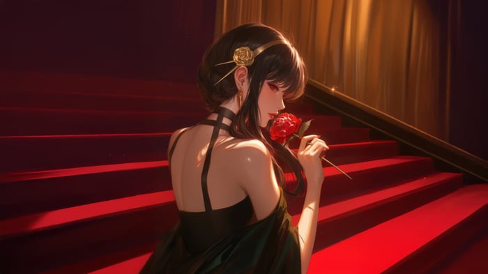 Yor Forger from Spy Family on red stairs