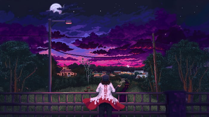 Hokage looking at a pixelated sunset