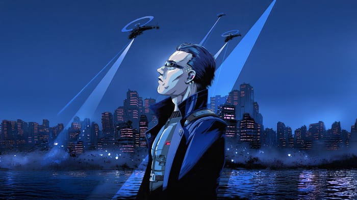 Deus Ex Illustration of a man in a futuristic city