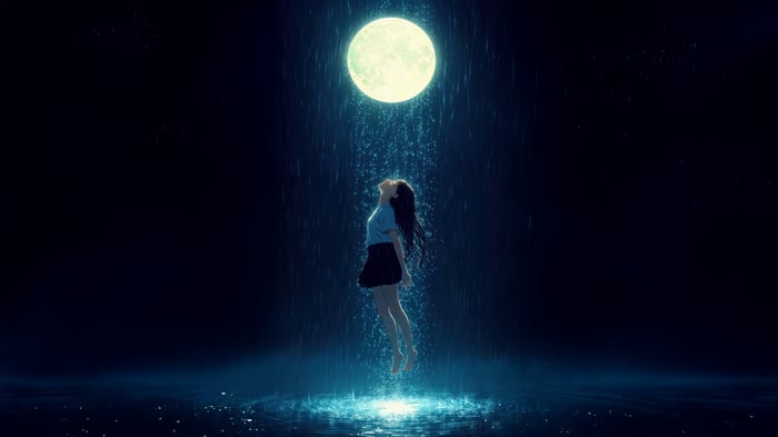 Girl floating in moonlit rain