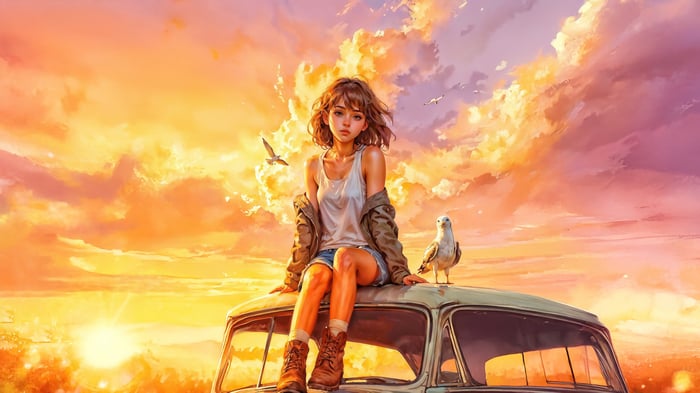 Girl sitting on a vintage car roof at sunset