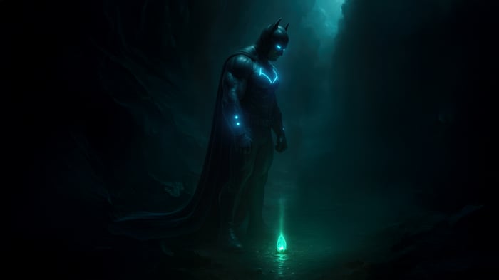 Batman with glowing blue symbol in a dark cave