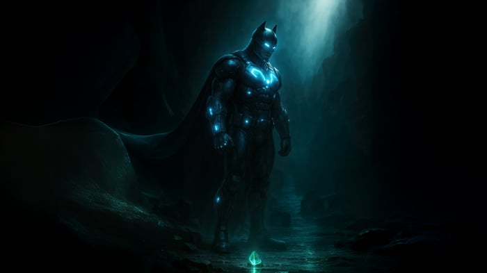 Batman in a dark cave with glowing blue suit