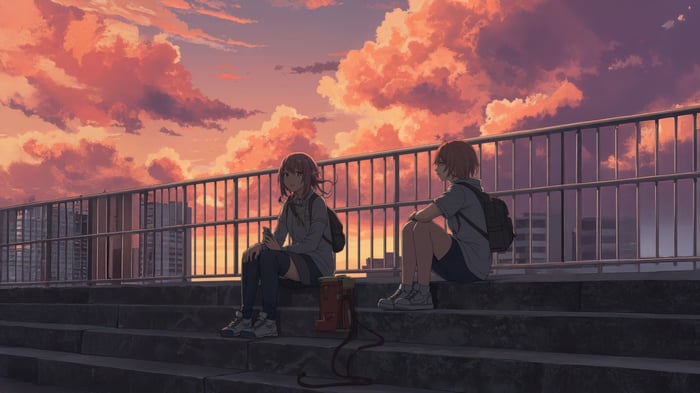 Two girls sitting on stairs at sunset