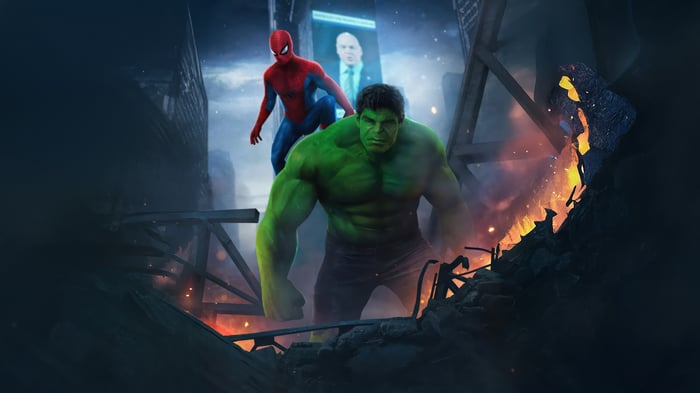 Spider-Man and Hulk in a Destroyed City