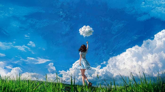 Anime girl holding a cloud balloon in a grassy field