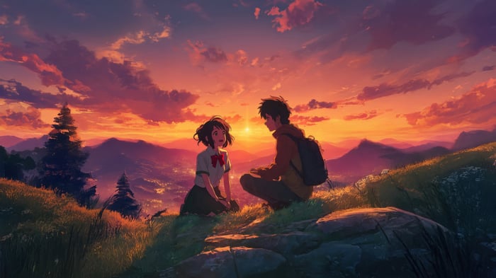 Anime couple watching sunset over mountains