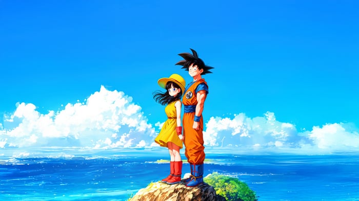 Chi-Chi and Goku on a rocky island overlooking the ocean