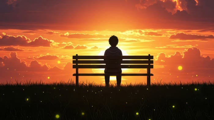 Boy Sitting on Bench Watching Sunset