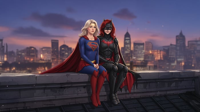 Supergirl and Batwoman sitting on a rooftop