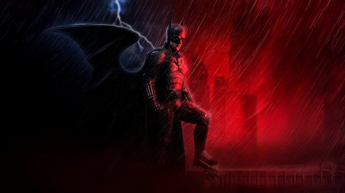 Batman in the rain with lightning