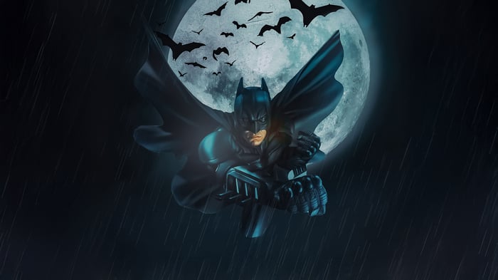 Batman flying upwards with bats and moon