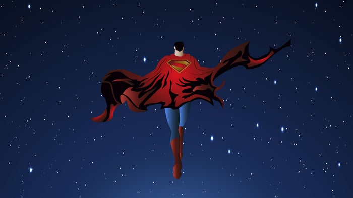 Superman flying in a starry night sky