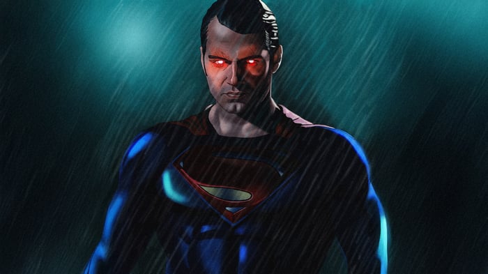 Superman with glowing red eyes in the rain