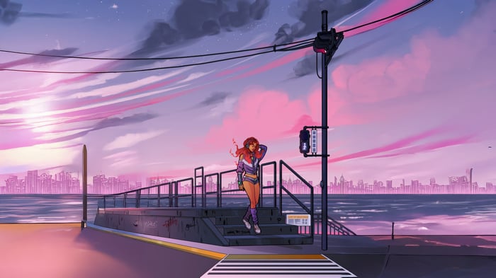 Starfire on a pier at sunset