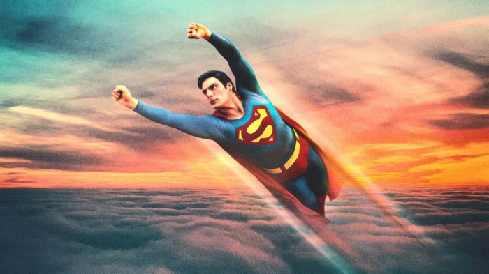 Superman Flying Through Clouds at Sunset