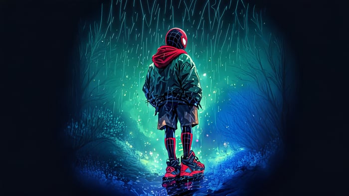 Miles Morales in a rainy forest