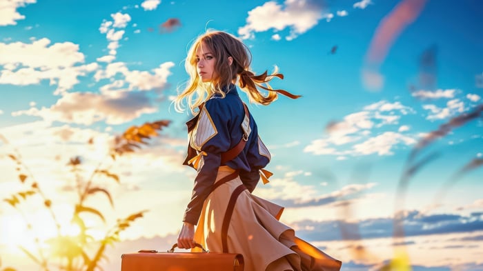 Anime Girl with Suitcase in a Field