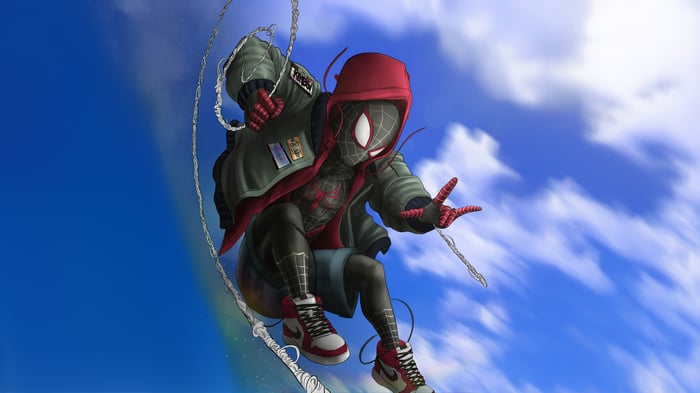 Miles Morales Spider-Man Swinging Through the Sky