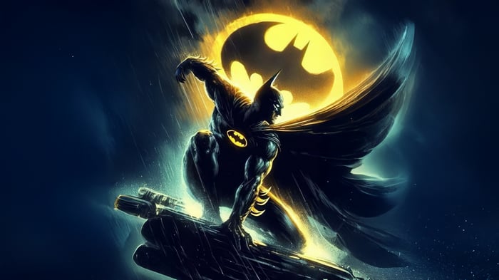 Batman in front of the Bat-Signal
