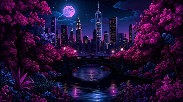 Central Park at Night with Pink Moon and City Skyline