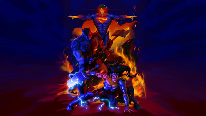 Superman, Batman, and Wonder Woman in a fiery scene
