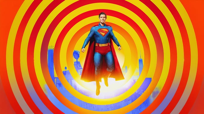Superman flying in front of concentric circles and city skyline