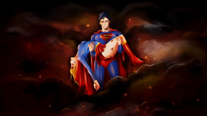 Superman carrying an injured Supergirl through clouds
