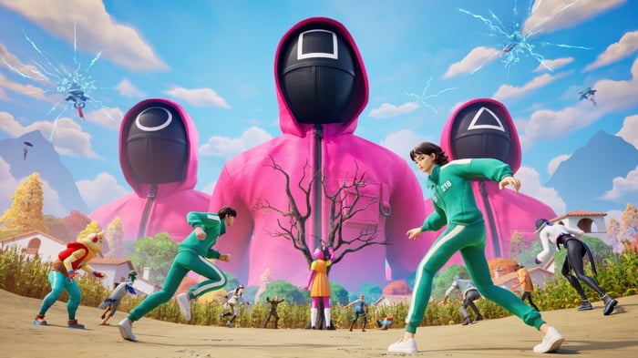 Fortnite X Squid Game characters in a stylized landscape