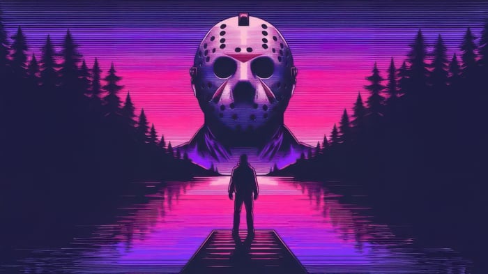 Jason Voorhees in a Retro Sunset Landscape