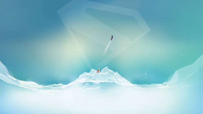 Superman and Krypto flying over icy mountains