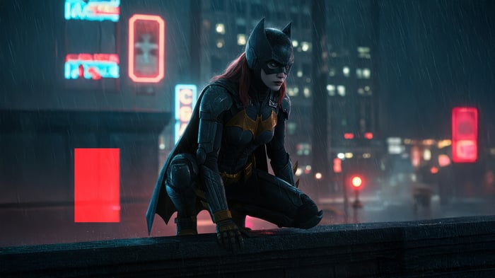 Batgirl Crouching on a Rainy Gotham Rooftop